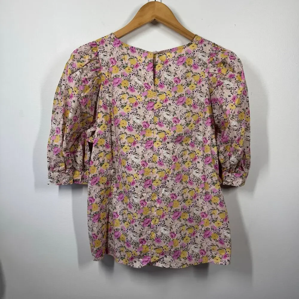 En Saison Top Women M Pink Floral Puff Sleeve 100% Cotton Spring Modest Cottage